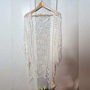 Woven Heart White Crochet Kimono Cardigan Cover Up
